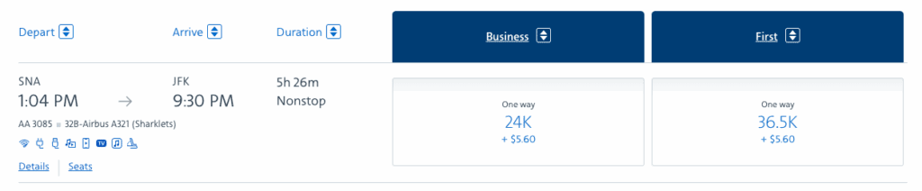 A screenshot showing cheap Flagship Business and Flagship First AAdvantage award redemptions between Santa Ana and New York