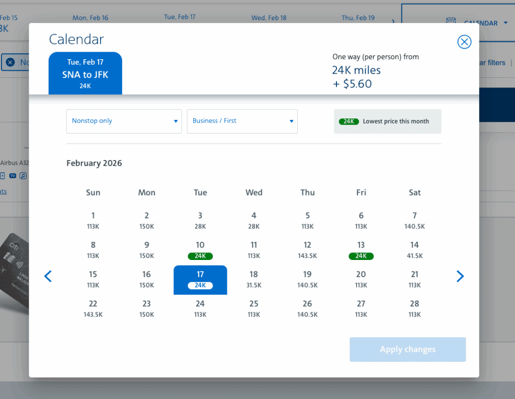 Calendar of AAdvantage awards between Santa Ana and New York starting at just 24,000 miles in business class