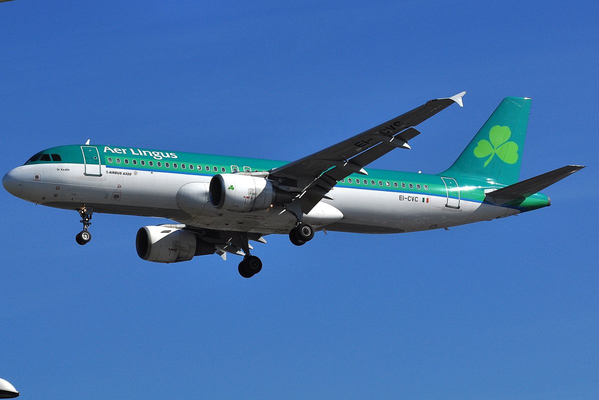 a green and white airplane in the sky