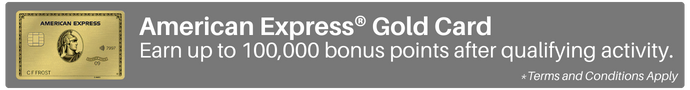 A banner featuring a promotion for the American Express Gold Card in which new cardholders can earn up to 100,000 bonus points after qualifying spend. Terms and conditions apply