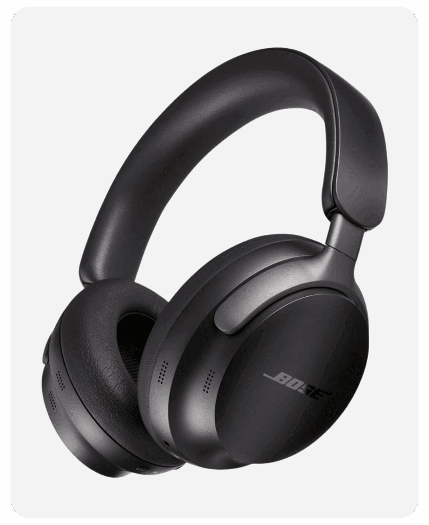 A pair of first generation Bose QuietComfort Ultra headphones on a white background