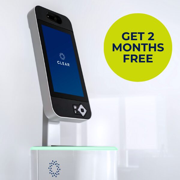 A Clear security screening kiosk next to a circle with text that reads Get 2 Months Free