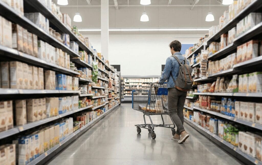 A person pushing a shopping cart in a grocery store