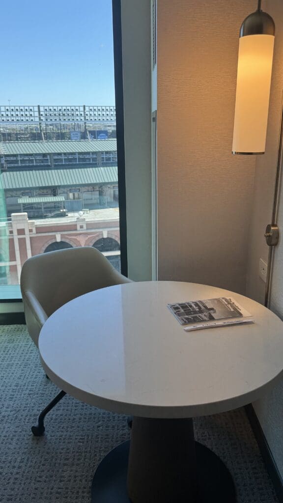 a table and chair in a room