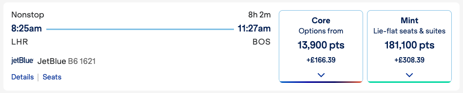 A screenshot showing taxes and fees for an award flight from London to Boston