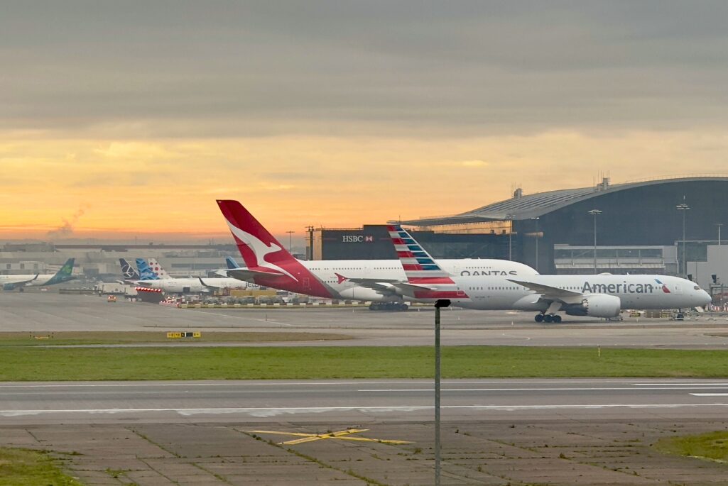 Aircraft including a Qantas A380 and an American Airlines Boeing 787 at London-Heathrow Airport