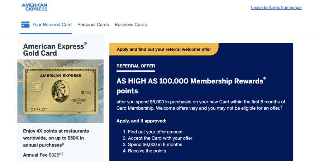 A screenshot from the American Express website showing details about a referral bonus of up to 100,000 points