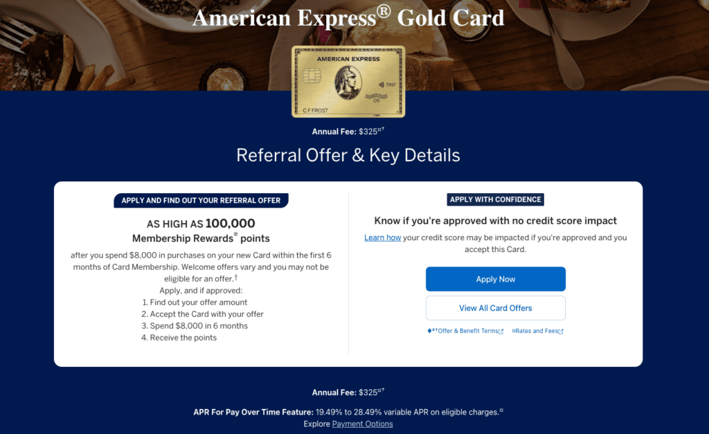 A screenshot from the American Express website showing a referral offer for new American Express Gold Card members of up to 100,000 after eligible spend requirements.