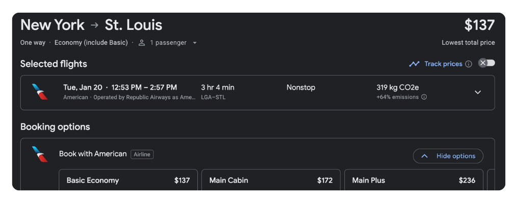 A screenshot of flight search results on Google Flights for a flight between New York and St. Louis operated by American Airlines