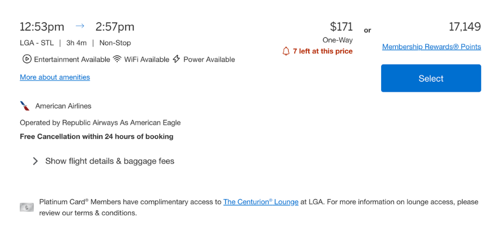 A screenshot from American Express Travel showing a flight from New York to St. Louis on American Airlines