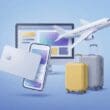 A 3D graphic with a credit card, mobile phone, computer screen, two suitcases, and an airplane on a blue gradient background
