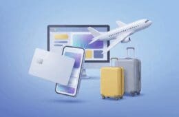 A 3D graphic with a credit card, mobile phone, computer screen, two suitcases, and an airplane on a blue gradient background