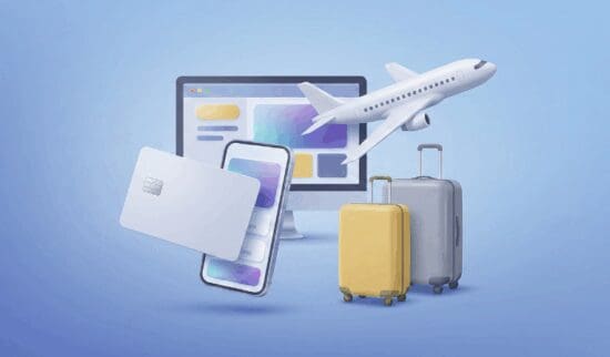A 3D graphic with a credit card, mobile phone, computer screen, two suitcases, and an airplane on a blue gradient background
