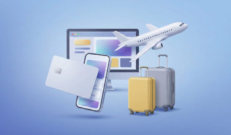 A 3D graphic with a credit card, mobile phone, computer screen, two suitcases, and an airplane on a blue gradient background