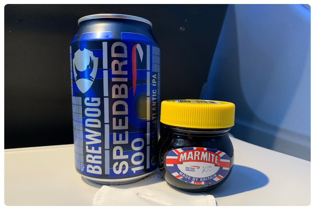 A can of the special edition Speedbird 100 IPA as served on British Airways next to a jar of marmite