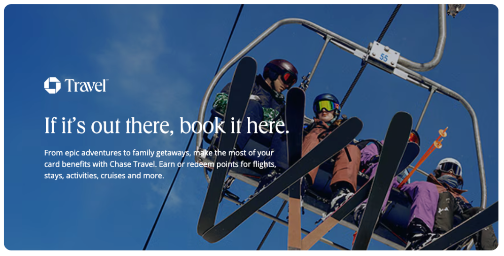 A screenshot from the Chase Travel website showing people on a ski lift