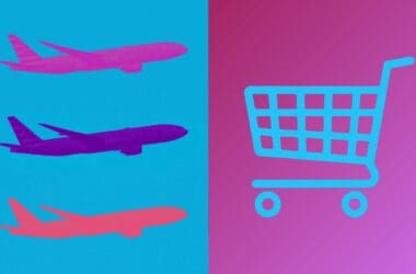 a group of airplanes flying in the sky with a shopping cart