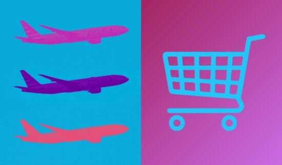 a group of airplanes flying in the sky with a shopping cart