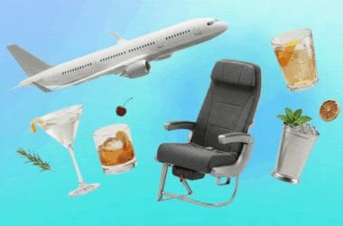 An airplane accompanied by a seat in an airplane next to a variety of cocktails and drinks with garnishes