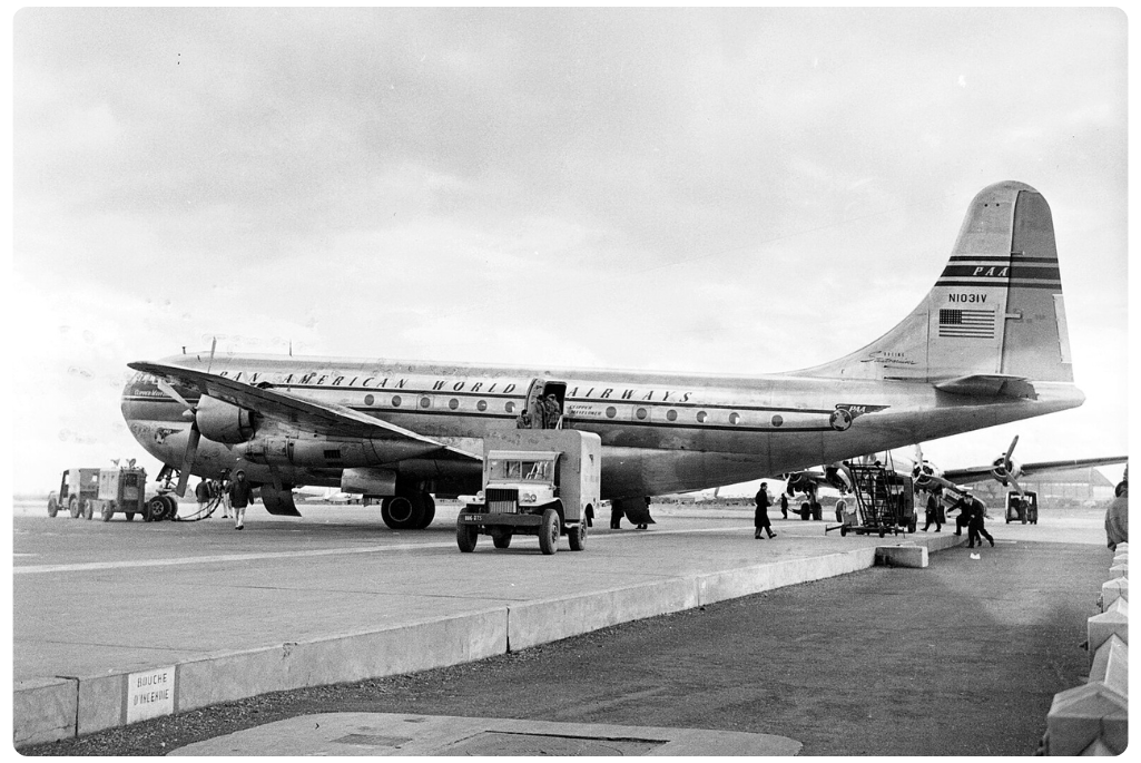 A Pan Am airplane parked on the ramp