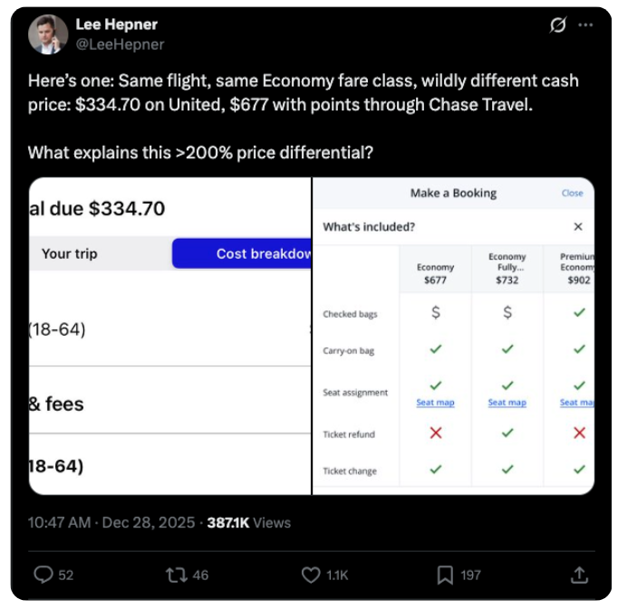 A screenshot of a post on X, formerly Twitter, discussing price differences when booking flights with an airline or on a credit card travel portal