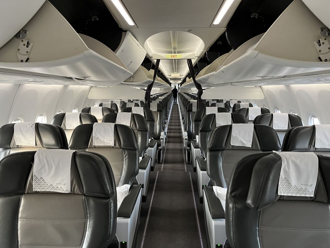 an airplane with seats and a person's head