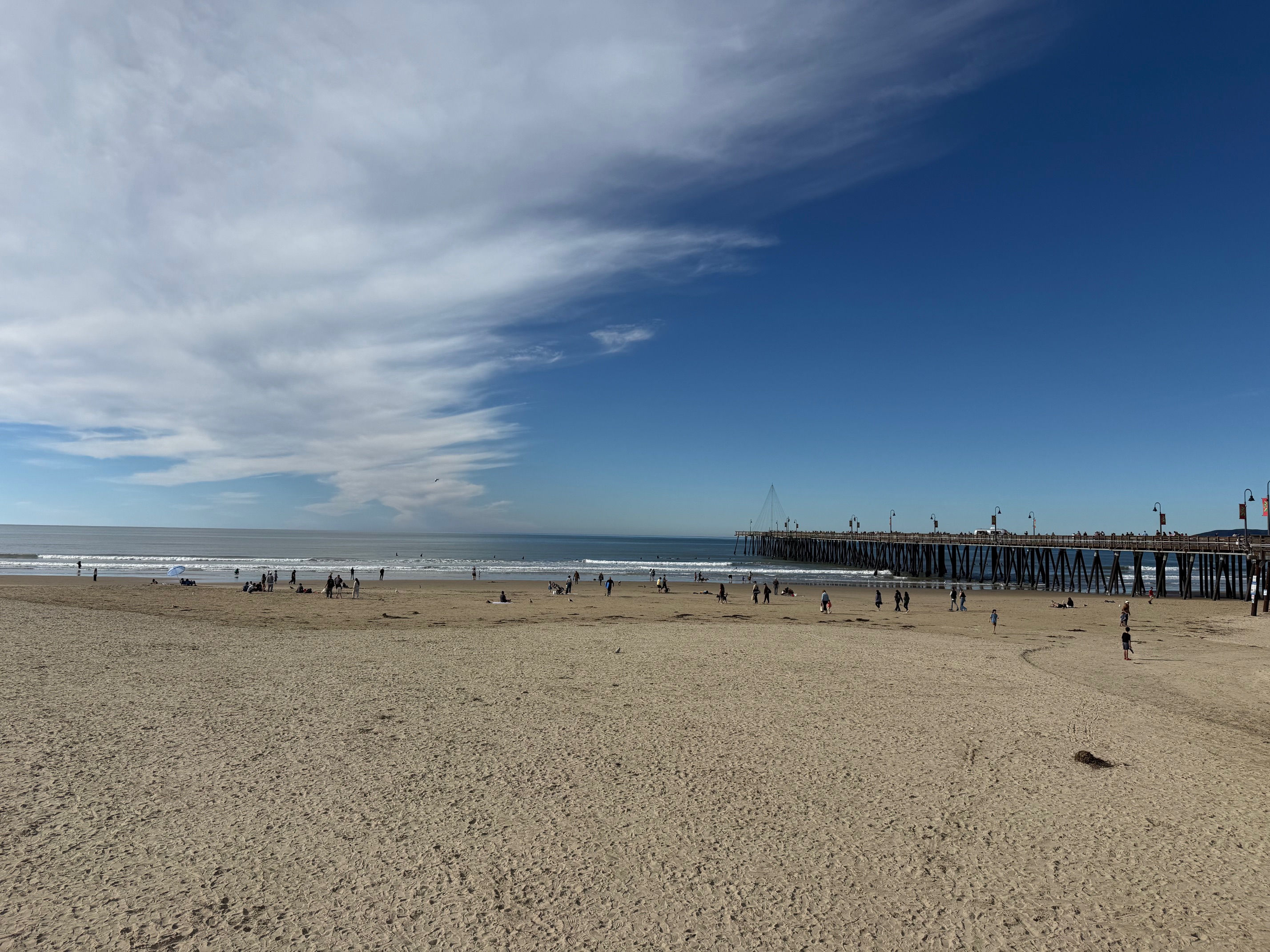 a beach with a pier and people on it