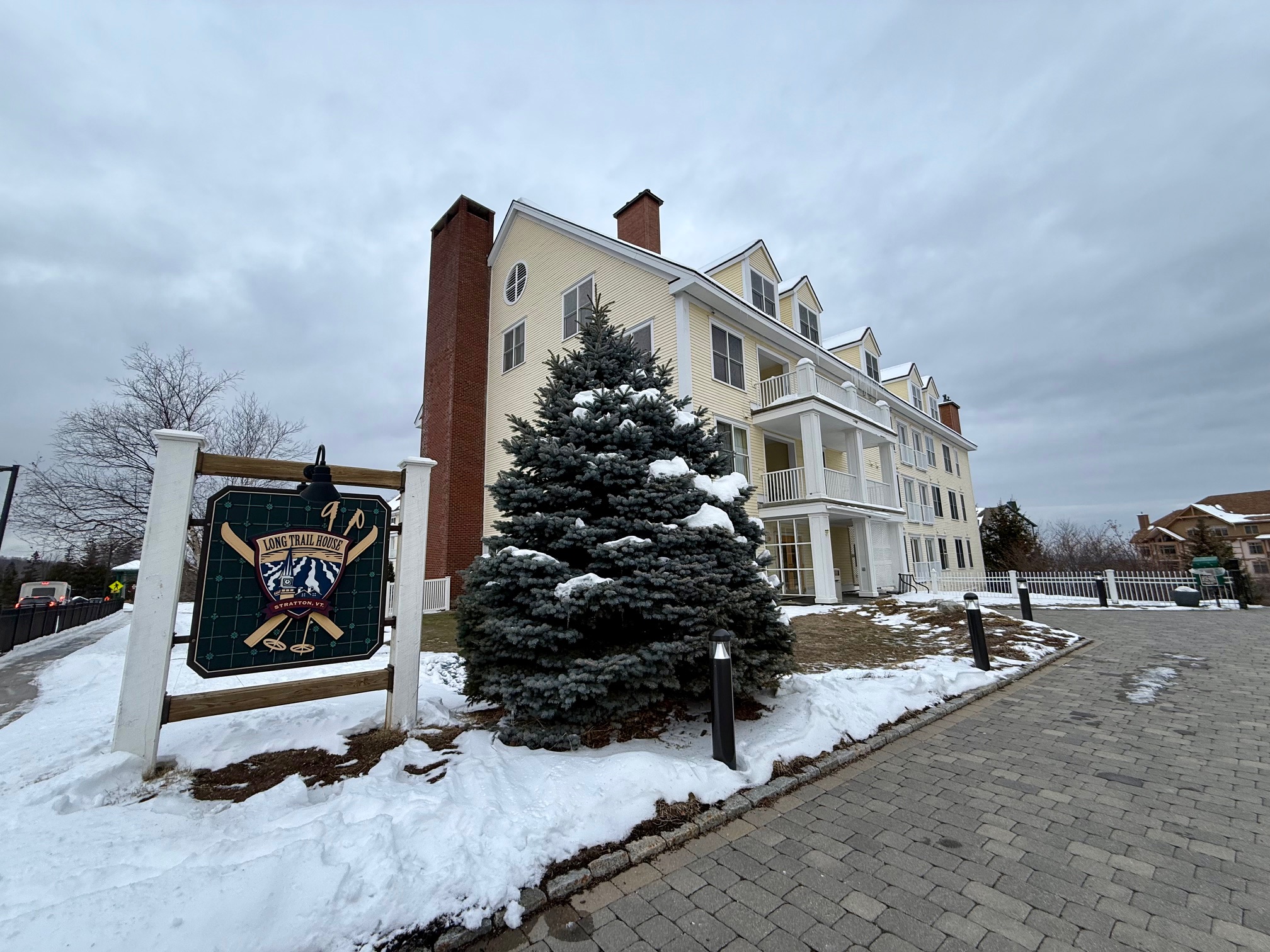 Long Trail House Stratton with snow on the ground