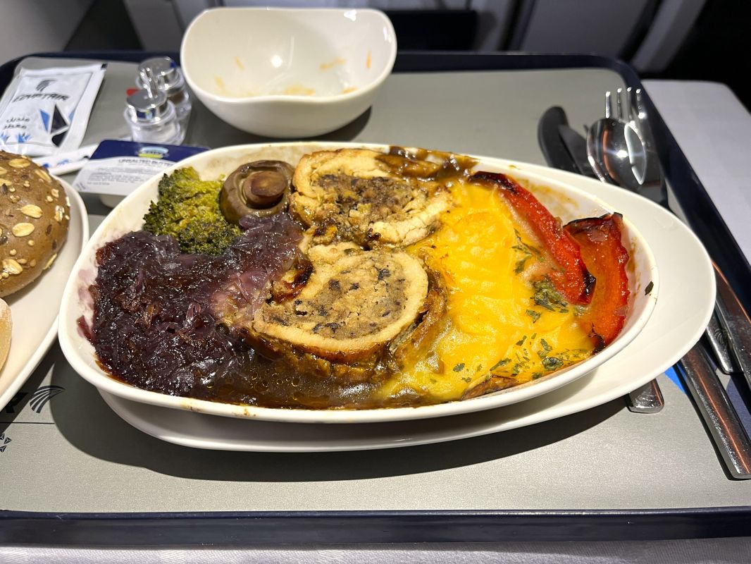 a plate of food on a tray