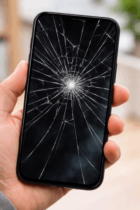 a hand holding a cell phone with a broken screen