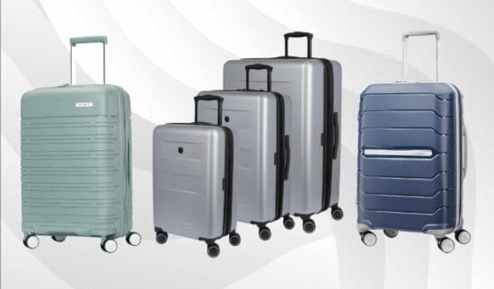 Various different suitcases and luggage sets from Samsonite and SwissGear on a neutral background