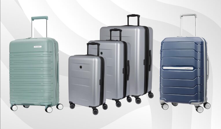 Various different suitcases and luggage sets from Samsonite and SwissGear on a neutral background