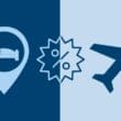 A dark blue and light blue graphic with a hotel icon on the left, a percent off icon in the center, and an airplane icon on the right