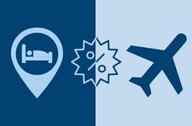 A dark blue and light blue graphic with a hotel icon on the left, a percent off icon in the center, and an airplane icon on the right