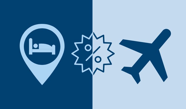 A dark blue and light blue graphic with a hotel icon on the left, a percent off icon in the center, and an airplane icon on the right