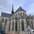 a large stone building with a steeple with Leuven in the background