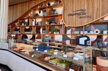 a display case with food on it at the Capital One Landing at LaGuardia