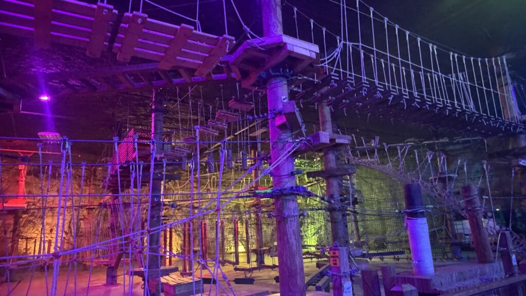 a rope bridge in a dark room