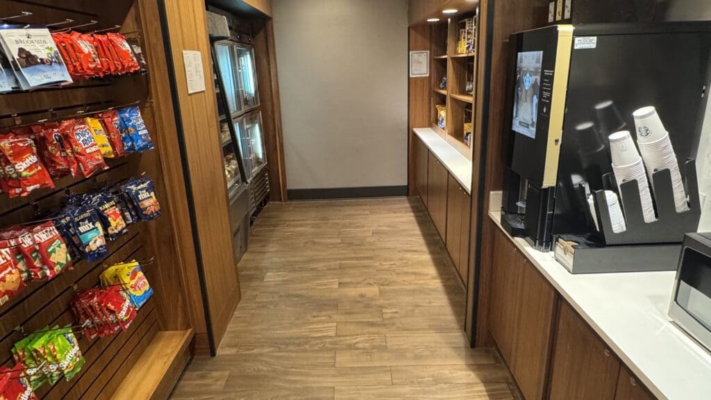 a hallway with shelves and shelves