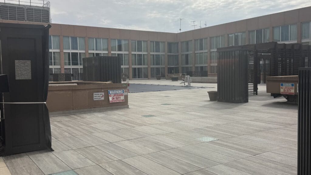 a building with a large patio