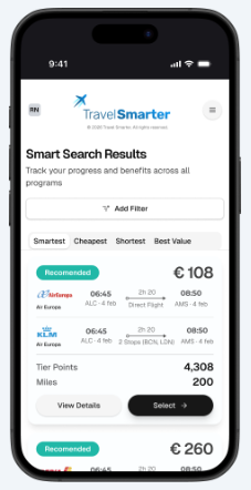A screenshot of the Travel Smarter website showing the Smarter Search feature