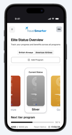 A screenshot of the Travel Smarter website showing a user's status for British Airways The Club loyalty program