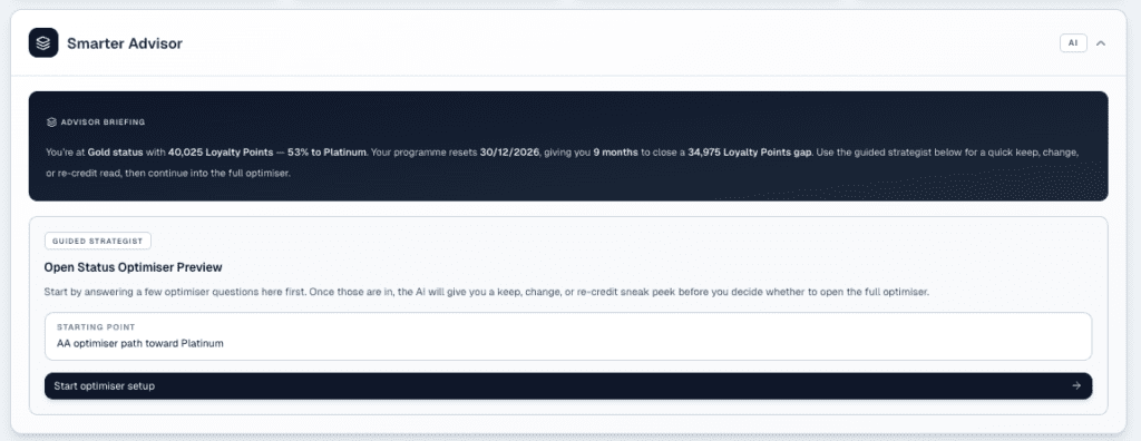 A screenshot from the Travel Smarter website showing AI-powered insights as part of its Smarter Advisor feature