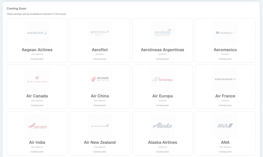 A screenshot of the Travel Smarter website showing future loyalty programs that it will integrate into the platform