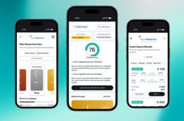 Three smartphones on a green gradient background showing the Travel Smarter platform on different screens to show the various tools offered by the platform