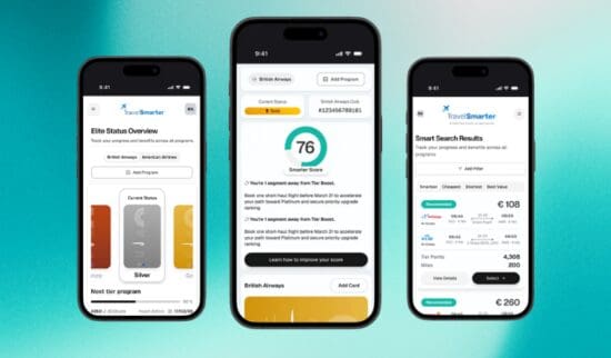 Three smartphones on a green gradient background showing the Travel Smarter platform on different screens to show the various tools offered by the platform