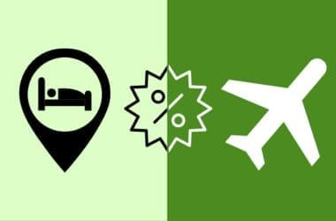 A green background featuring a hotel, discount, and airplane icon representing the post content which is deals on buying miles and points