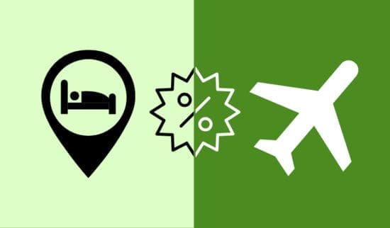 A green background featuring a hotel, discount, and airplane icon representing the post content which is deals on buying miles and points