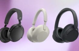 Three pairs of travel headphones featuring noise cancellation on a gradient background