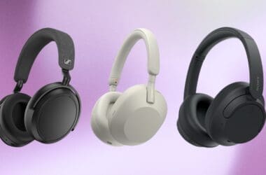Three pairs of travel headphones featuring noise cancellation on a gradient background